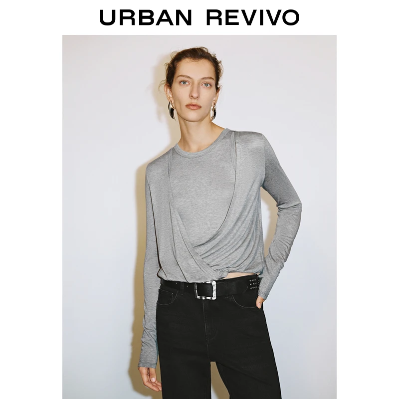 UR2025秋季新款女装潮流设计感拼接假两件长袖T恤UWJ450015