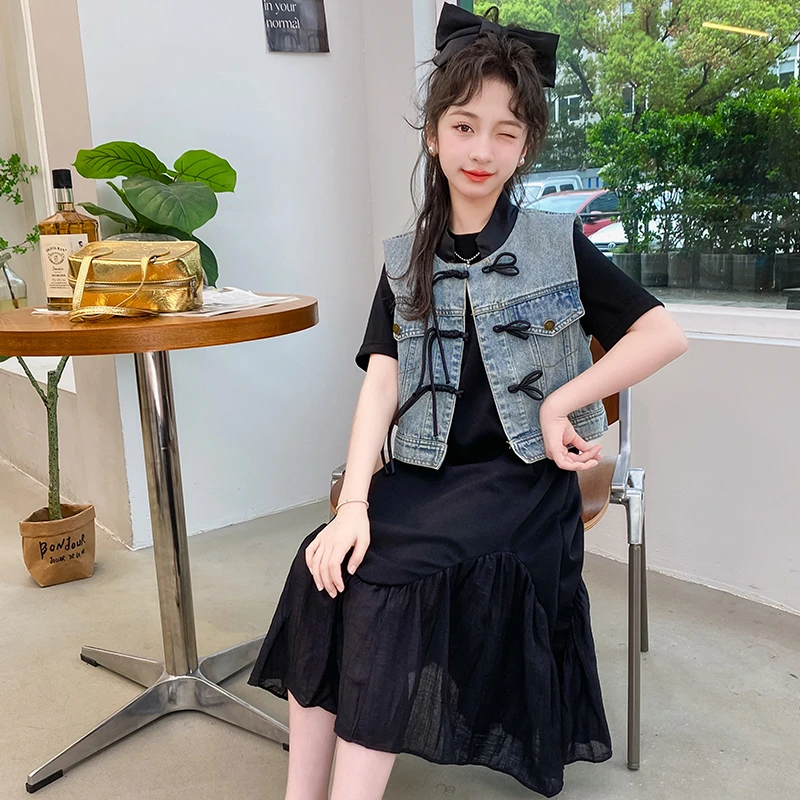 女童国风套装夏季2025新款儿童洋气宝宝新中式盘扣牛仔马甲连衣裙