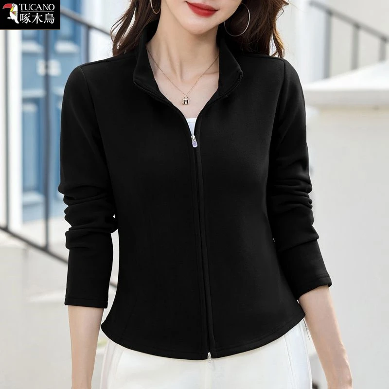 啄木鸟正品2025秋冬季显瘦拉链修身开衫立领休闲女士绒衫百搭卫衣