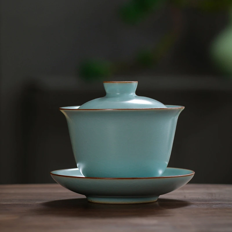 汝窑三才盖碗茶杯手工复古陶瓷泡茶专用茶器天青汝瓷开片茶具器具