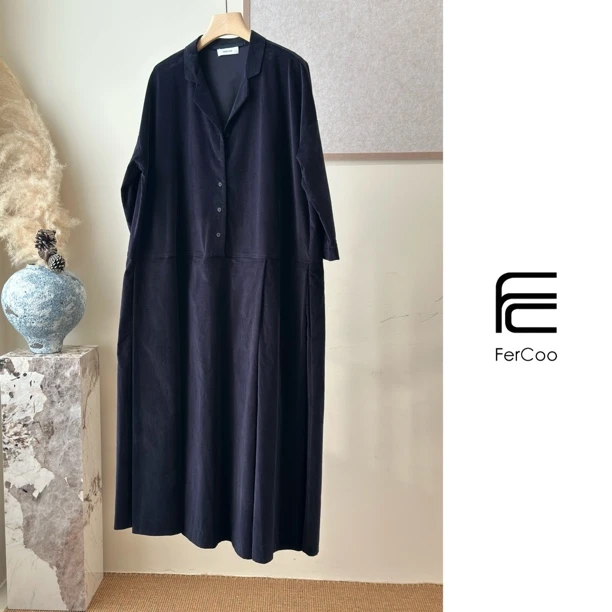 FERCOO“长期主义”慵懒捏褶大摆定染棉质平绒宽松中袖长衬衫连衣裙