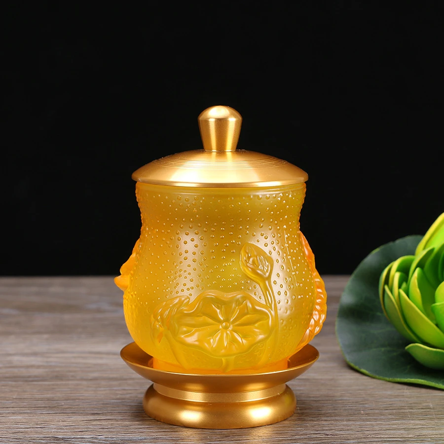 中式禅意直供圣水杯 佛前供具合金琉璃圣水杯佛具供水杯摆件中式