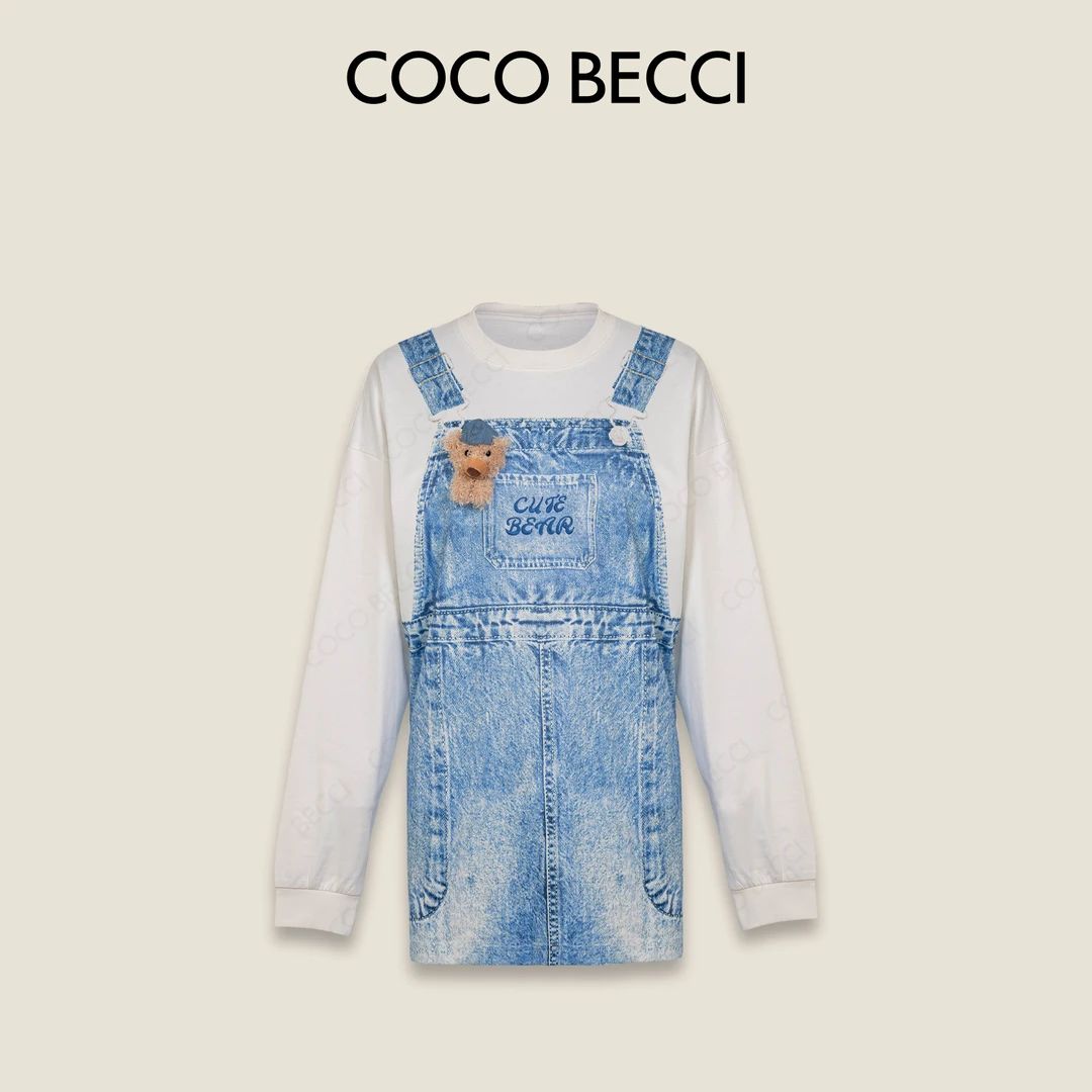 COCO BECCI【小熊牛仔】复古风学院休闲减龄印花T恤CFXYC223019