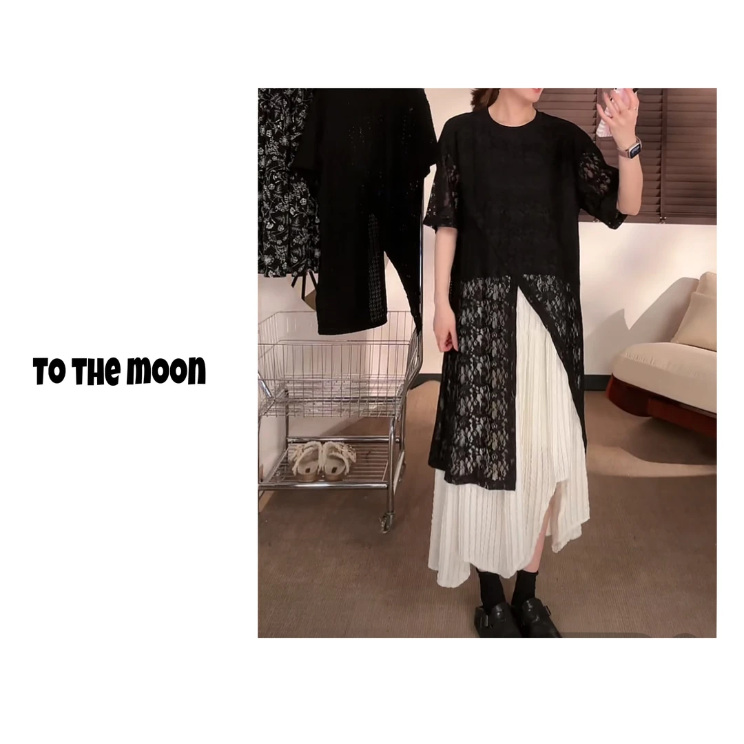 UpSd 原创【近黄昏】提花镂空长款开叉短袖长T恤宽松cessation