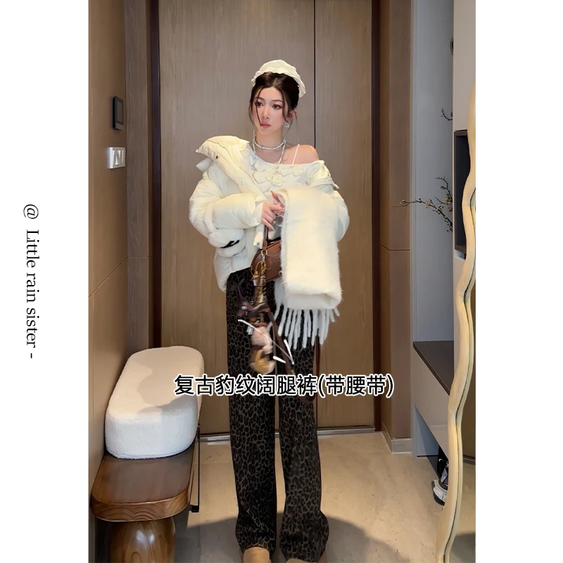 小雨姐姐新款【流浪豹纹裤】美式复古高腰豹纹宽松阔腿裤加腰带