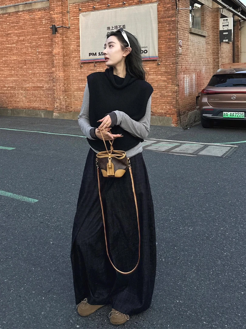 2025新款韩系chic穿搭小个子洋气减龄黑色马甲打底阔腿裤套装女秋