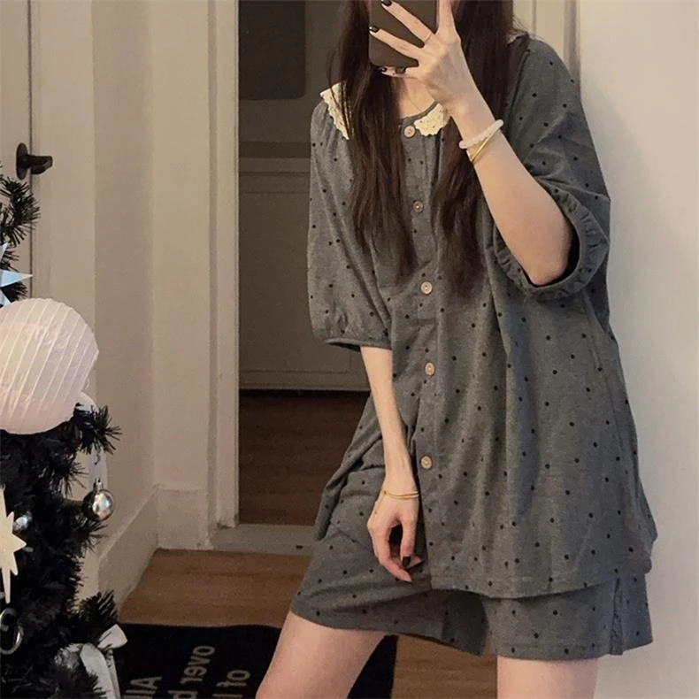 2025新款夏季睡衣女纯棉短袖灰色波点少女公主花边日系家居服套装