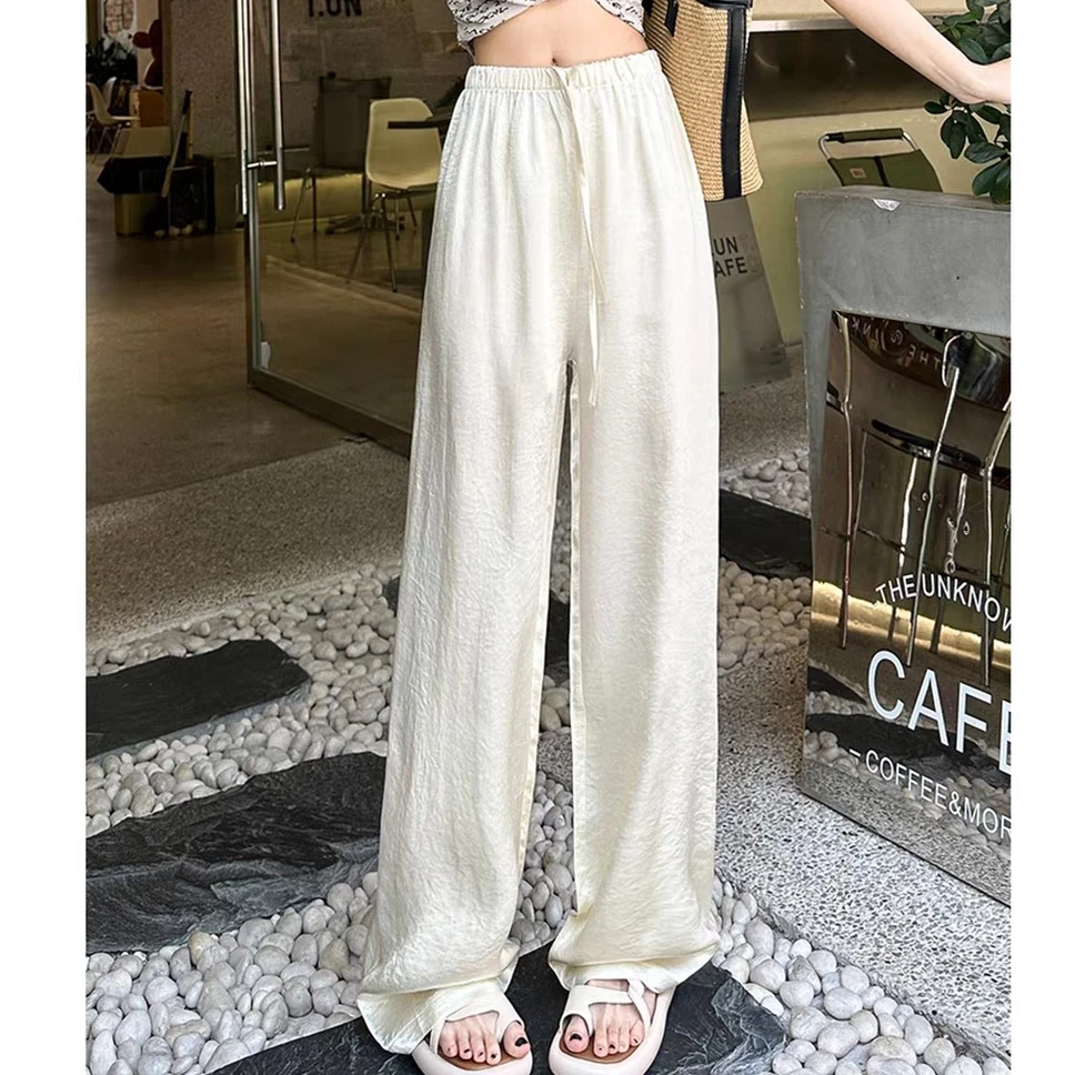 抽绳垂感缎面百搭时尚暗纹阔腿休闲裤A12132