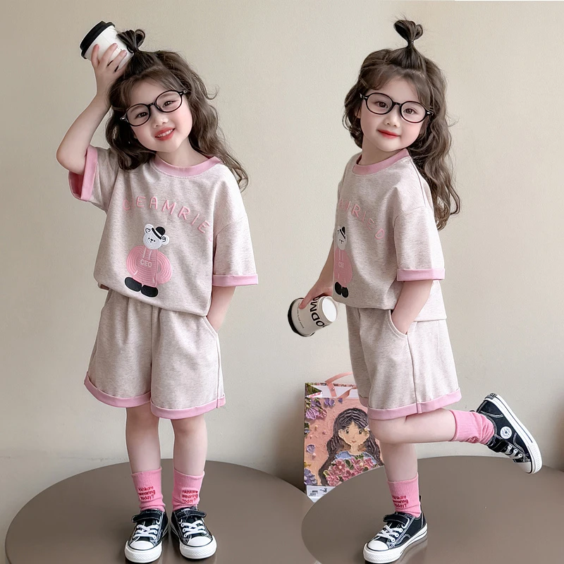女童夏季套装2025新款洋气小女孩短袖夏装休闲薄款儿童运动两件套