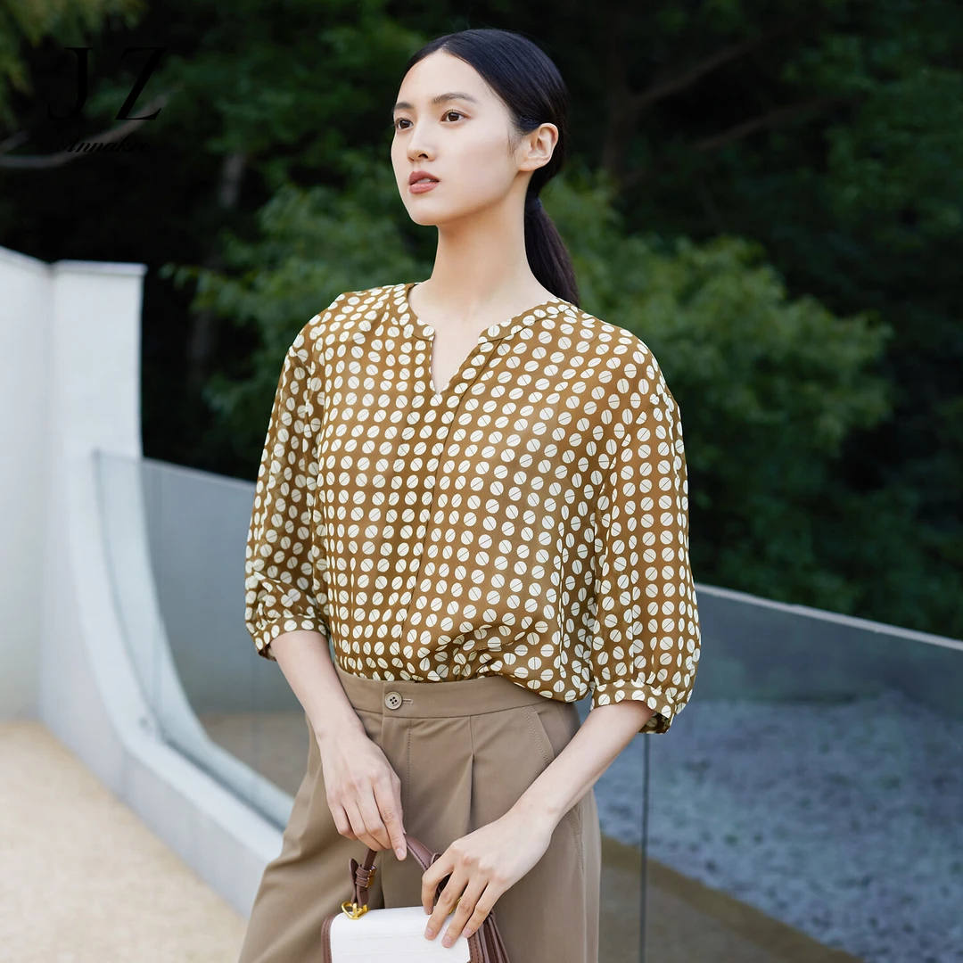 JZ玖姿商场同款波点印花乔其绉上衣女装2023夏季新款T恤JWCX80202