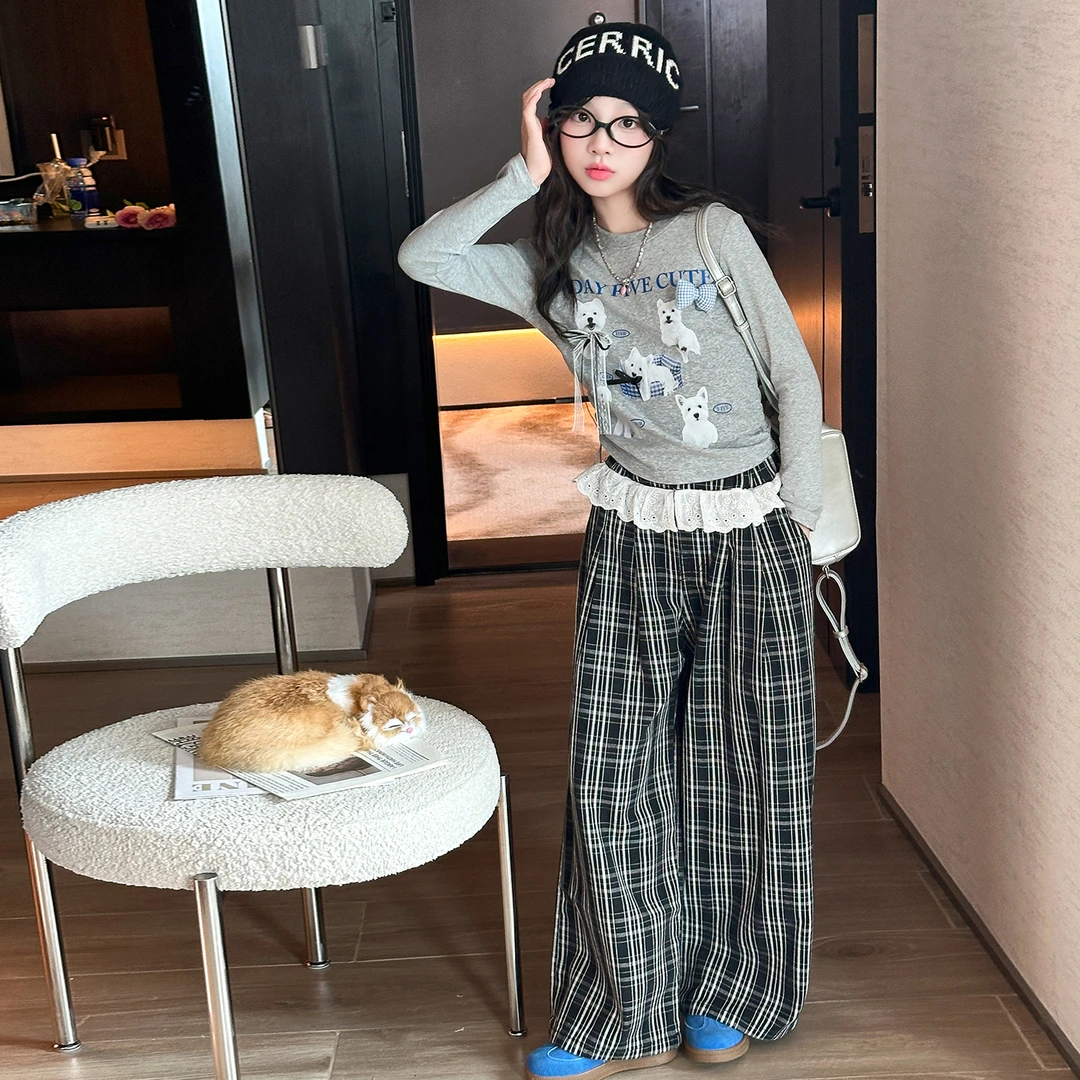 女童秋季套装2025新款韩版中大童卡通长袖女孩时髦花边牛仔格子裤