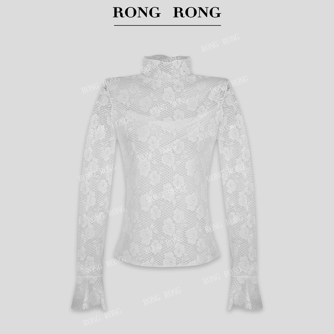 溶溶J【玫瑰星约】RONGRONG 高领重工蕾丝提花清透感上衣U-B8969263
