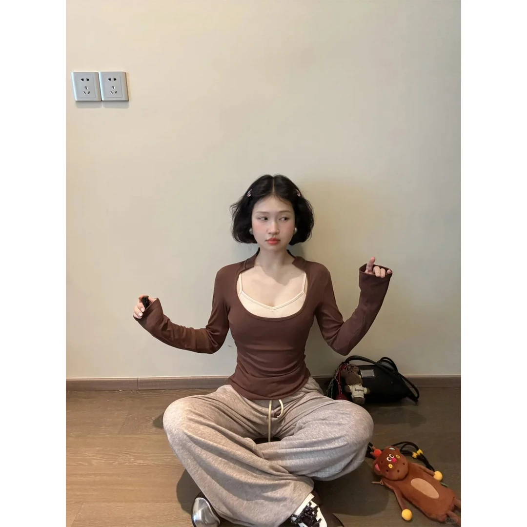 长袖t恤内搭打底衫上衣两件套装韩系慵懒风拖地休闲裤女宽松裤子