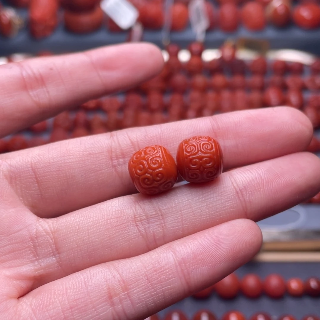 南红玛瑙未镶嵌其他W11瓦西柿子红回纹老型珠一对