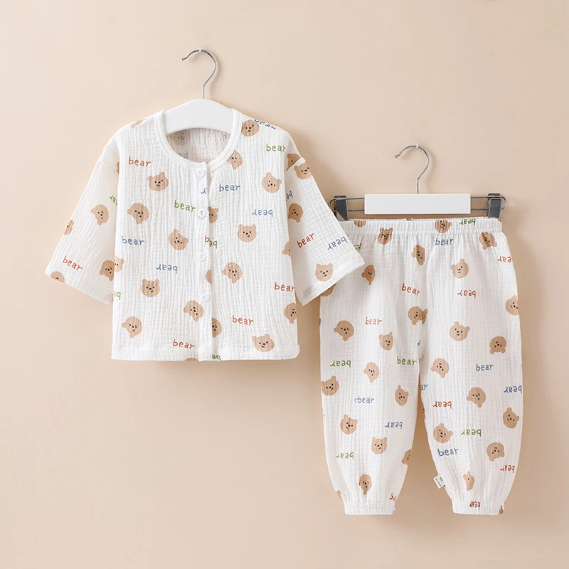 儿童薄款纯棉纱布睡衣夏季女童家居服宽松男宝宝长袖空调服套装