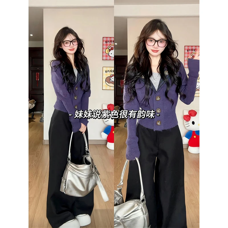 韩系辣妹紫色毛衣开衫秋冬季穿搭长袖针织衫外套修身上衣百搭裤子