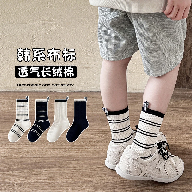 宝宝袜子春秋棉男女童无骨中筒袜透气ins布标学生运动潮袜秋季