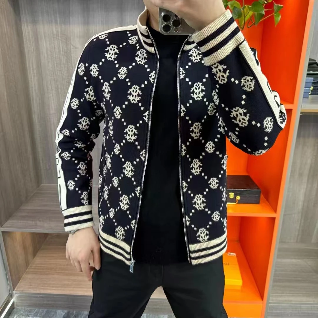 霍科比特春秋男士立领开衫时尚提花拉链休闲外套轻奢百搭针织夹克