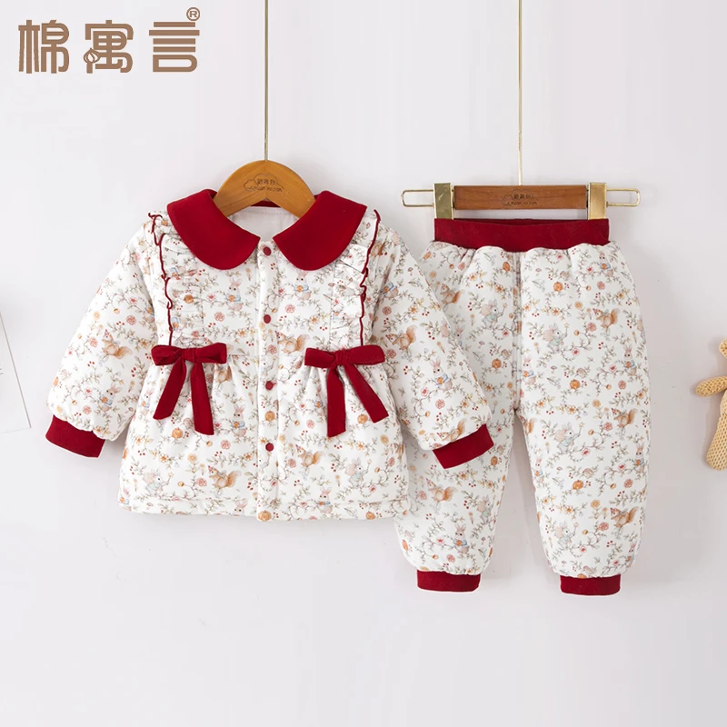 女宝宝秋冬季套装加棉棉袄洋气蝴蝶结棉服棉裤两件套婴儿加厚棉衣