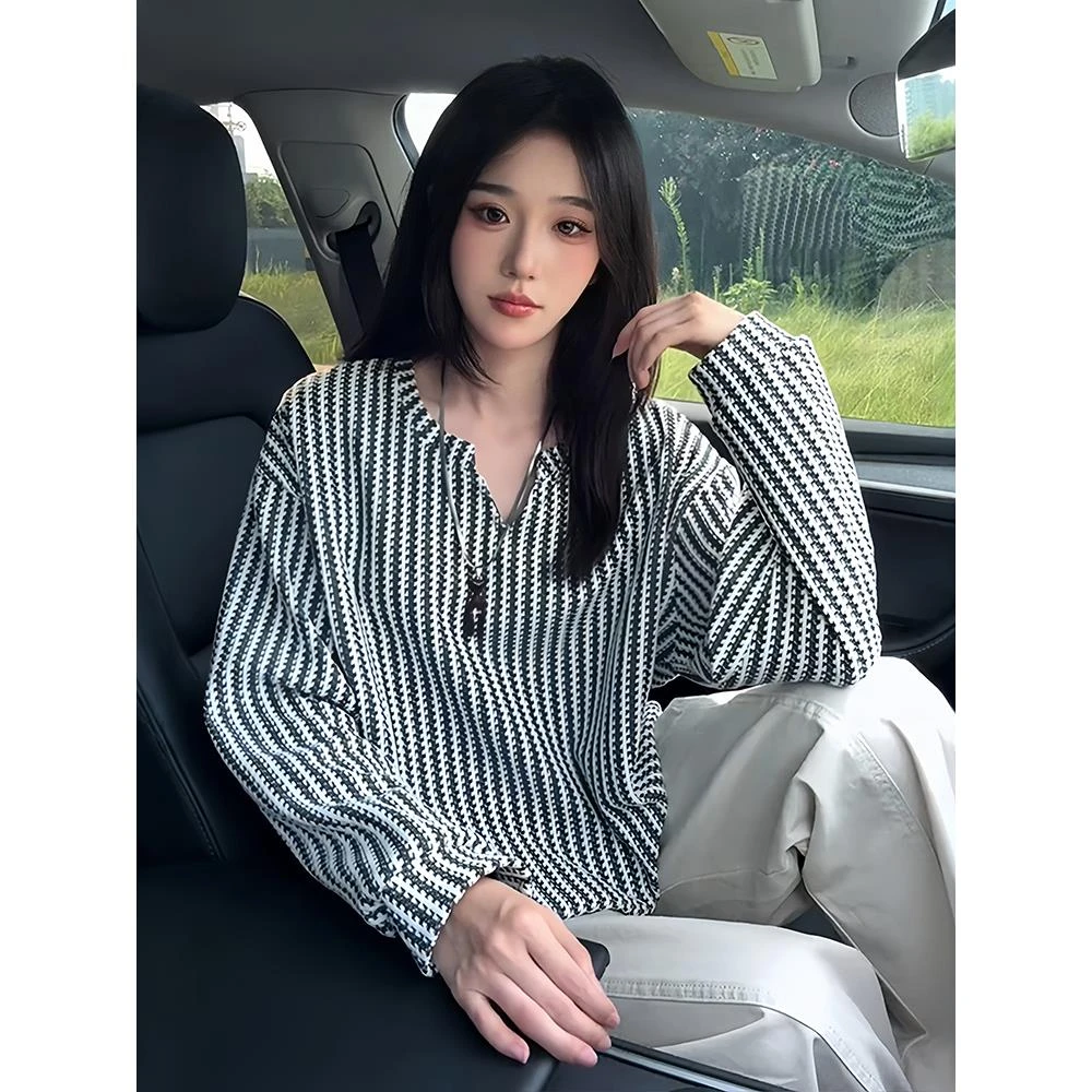 黑白条纹v领长袖t恤男女秋季高级感美式松弛感卫衣内搭打底衫上衣