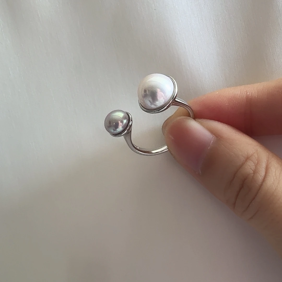 戒指银S925镶嵌淡水珍珠双珠戒指