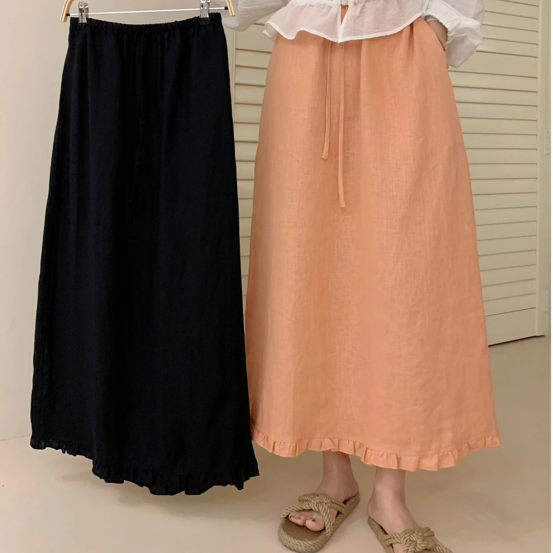 SUNCC现货 莫奈裙 夏季透气百搭麻感高级藏胯显瘦韩系花边半身裙