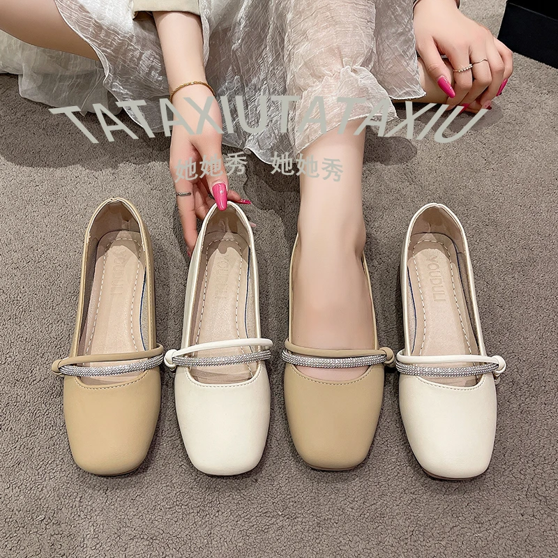 她她秀玛丽珍单鞋女2025爆款方头气质满钻配裙子不累脚低跟单鞋女