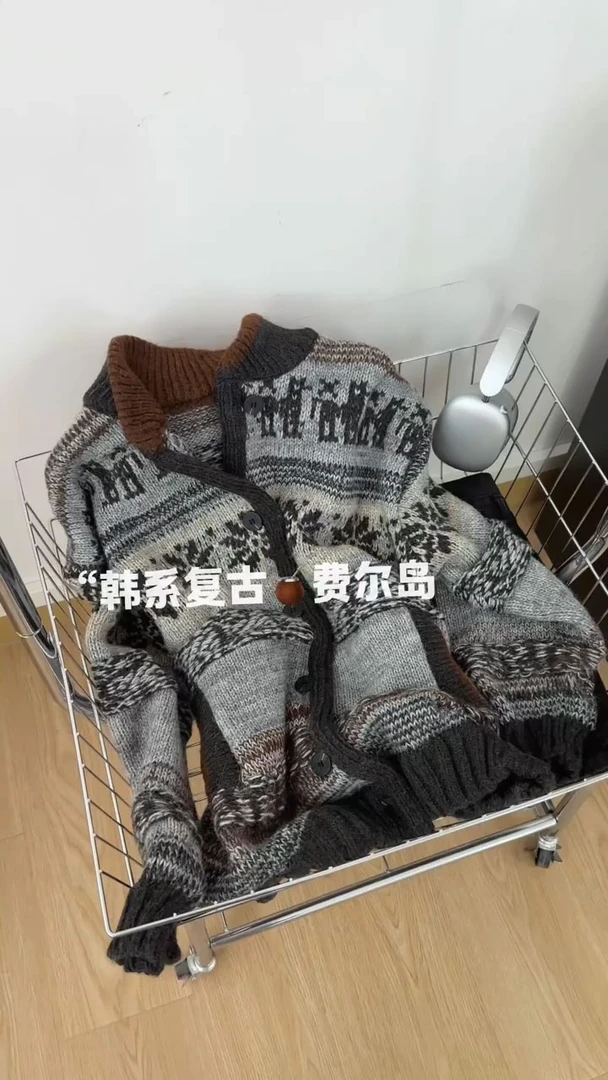 复古费尔岛加厚提花毛衣女秋冬季宽松慵懒风软糯针织开衫外套上衣