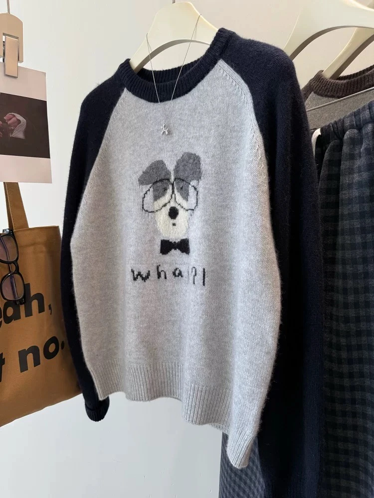 【插肩眼镜狗】小个子卡通提花撞色针织套头毛衣女秋冬新款