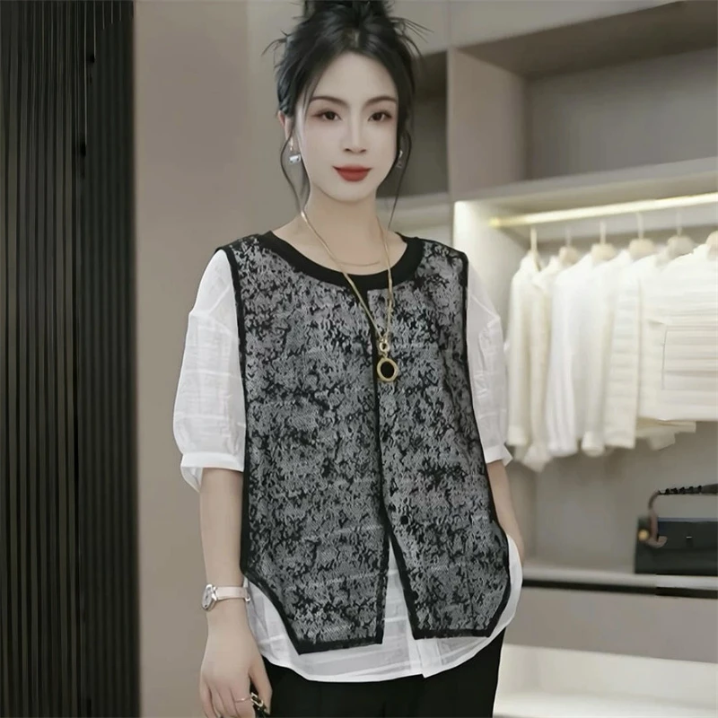 设计感蕾丝网纱拼接假两件短袖衬衫时尚复古休闲宽松百搭衬衣夏季