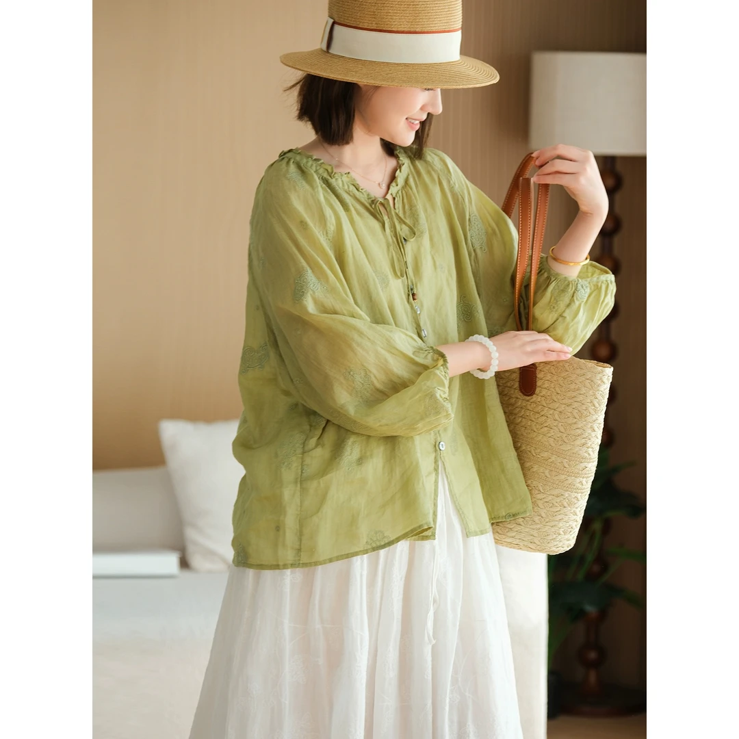 一眼就爱上的~宽松系带刺绣花衬衫女夏季设计感花边领口文艺上衣