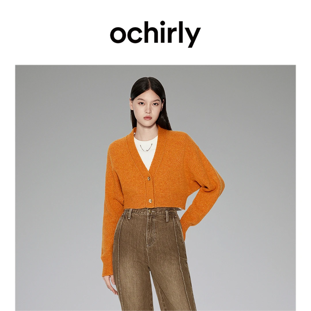 ochirly欧时力 V领短款针织外套女冬装毛衣落肩软糯慵懒感