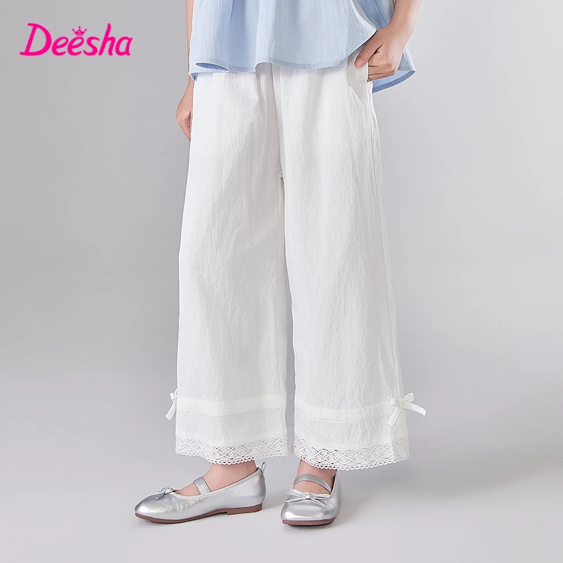 笛莎童装女童裤子夏季新款中大童儿童蕾丝花边阔腿裤-9M252A301