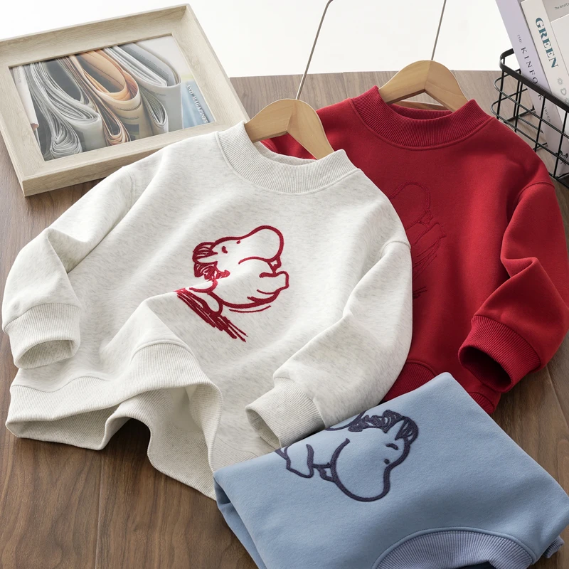 男童加绒卫衣小马刺绣圆领冬季新款儿童装一体绒打底衫男孩7031