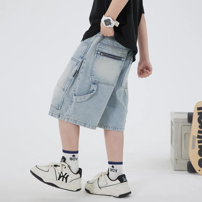 童装男童夏季儿童工装牛仔短裤新款痞帅中大童复古拉链牛仔短裤潮