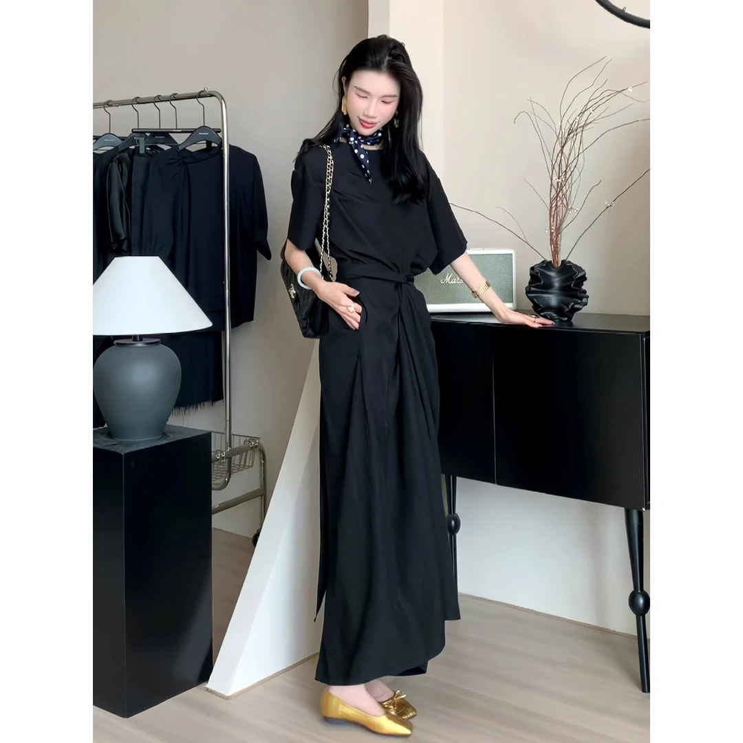 大码洋气炸街减龄连衣裙女2025夏新款法式气质绑带收腰胖mm长裙子