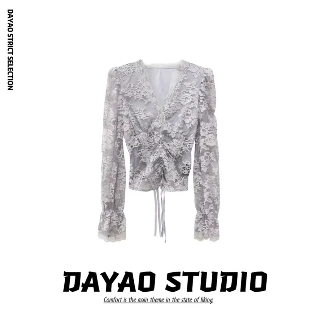 【韩欲姐姐】百搭蕾丝抽绳褶皱V领喇叭袖上衣 无胸垫侧面拉链 ★