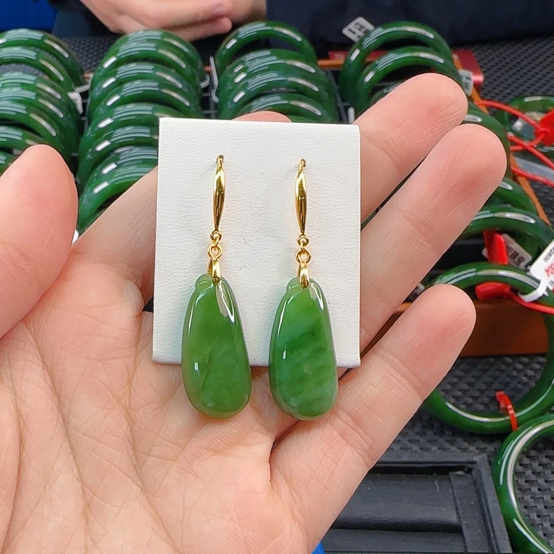 银S925镶嵌和田玉耳饰哆***梦碧玉福瓜耳饰