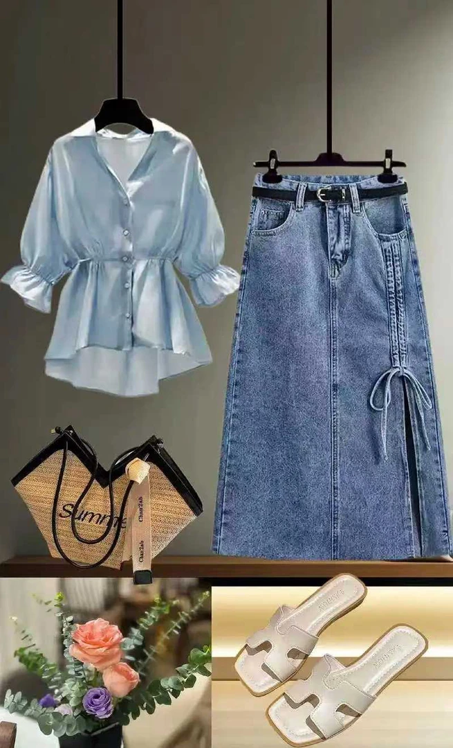 休闲风时尚套装蓝色短裙气质显瘦包臀春夏韩版裙子