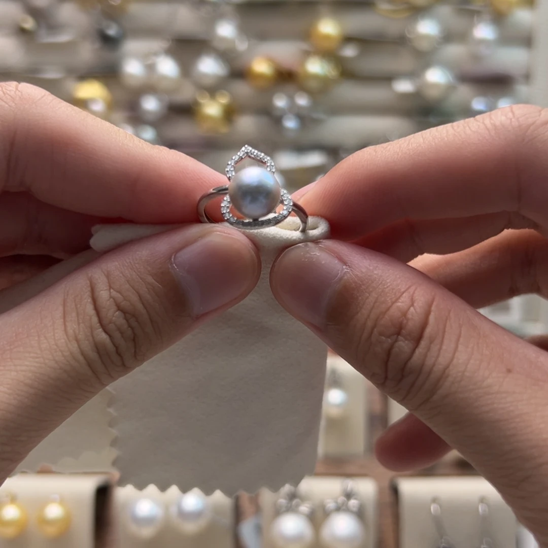银S925镶嵌戒指海水珍珠8.2mm正圆海水真多麻葫芦戒指