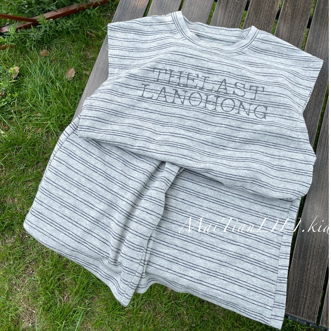 025夏季男童美式条纹宽松短袖印花T恤日系复古宽松儿童圆领套装