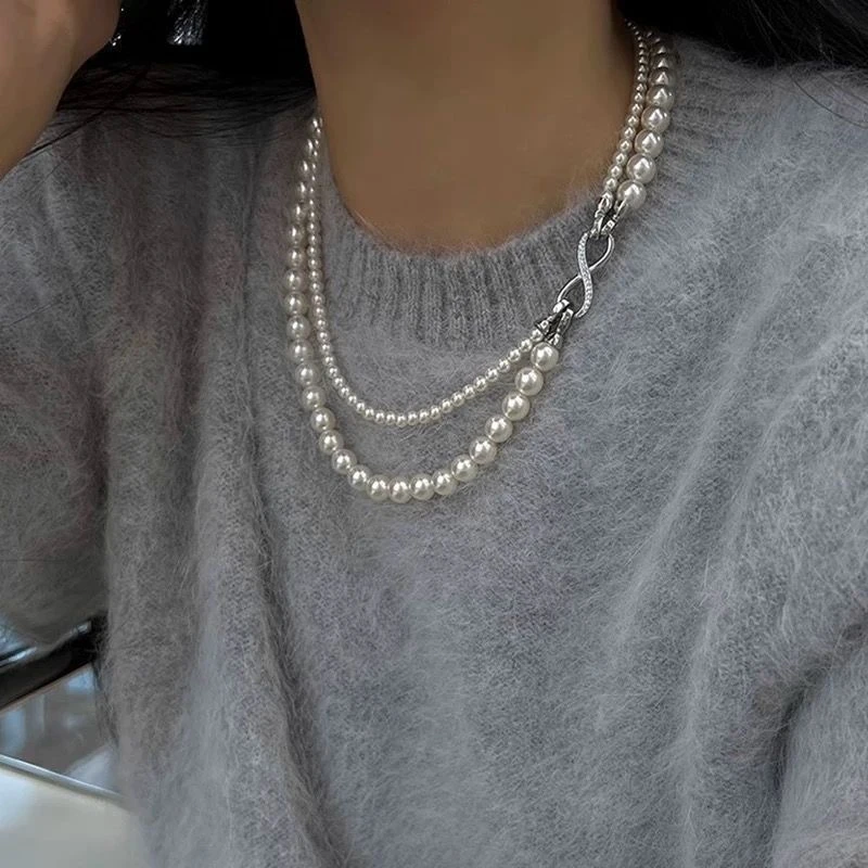 非金属仿珍珠项链 精致双层叠戴珠珠项链气质锁骨链小众设计新款