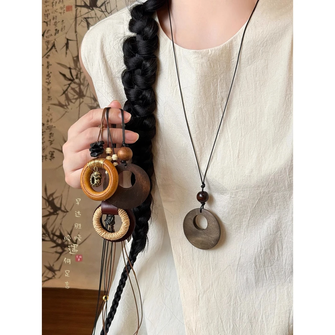 非金属布艺项链 新中式木质平安扣长款编绳吊坠项链女国风锁骨链
