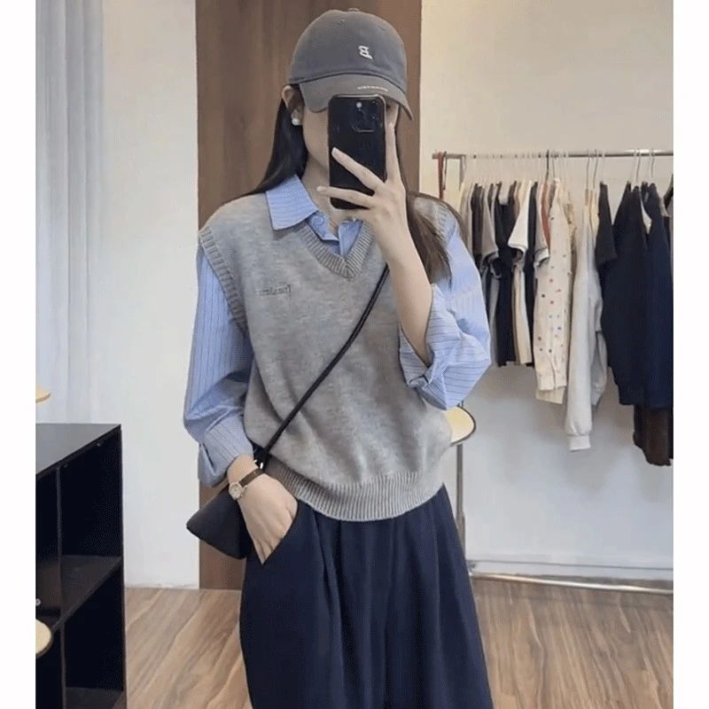 假两件撞色衬衫女2025春季休闲百搭叠穿洋气长袖polo领针织衫上衣