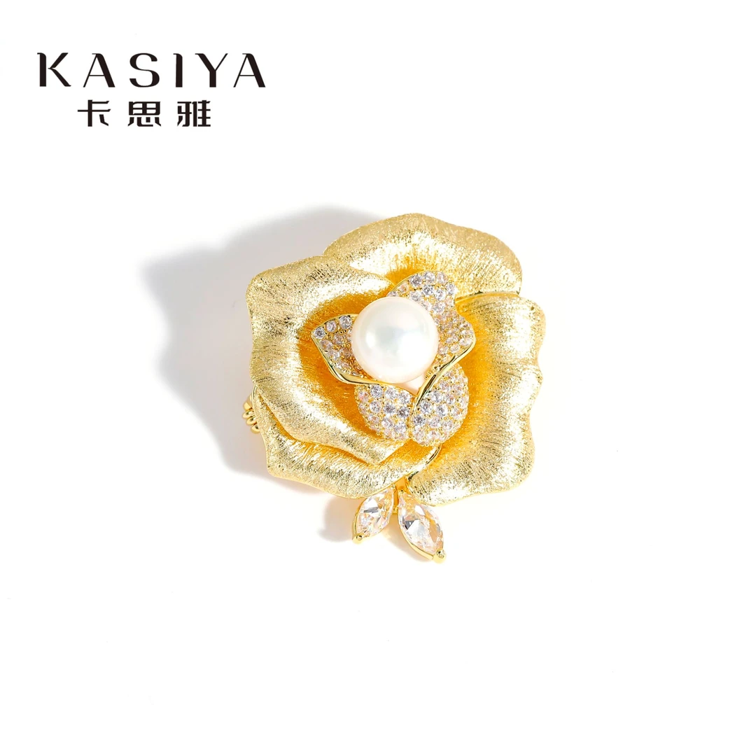 kasiya/卡思雅 铜合金锆石胸针 哑金色山茶花胸针时尚百搭款胸花