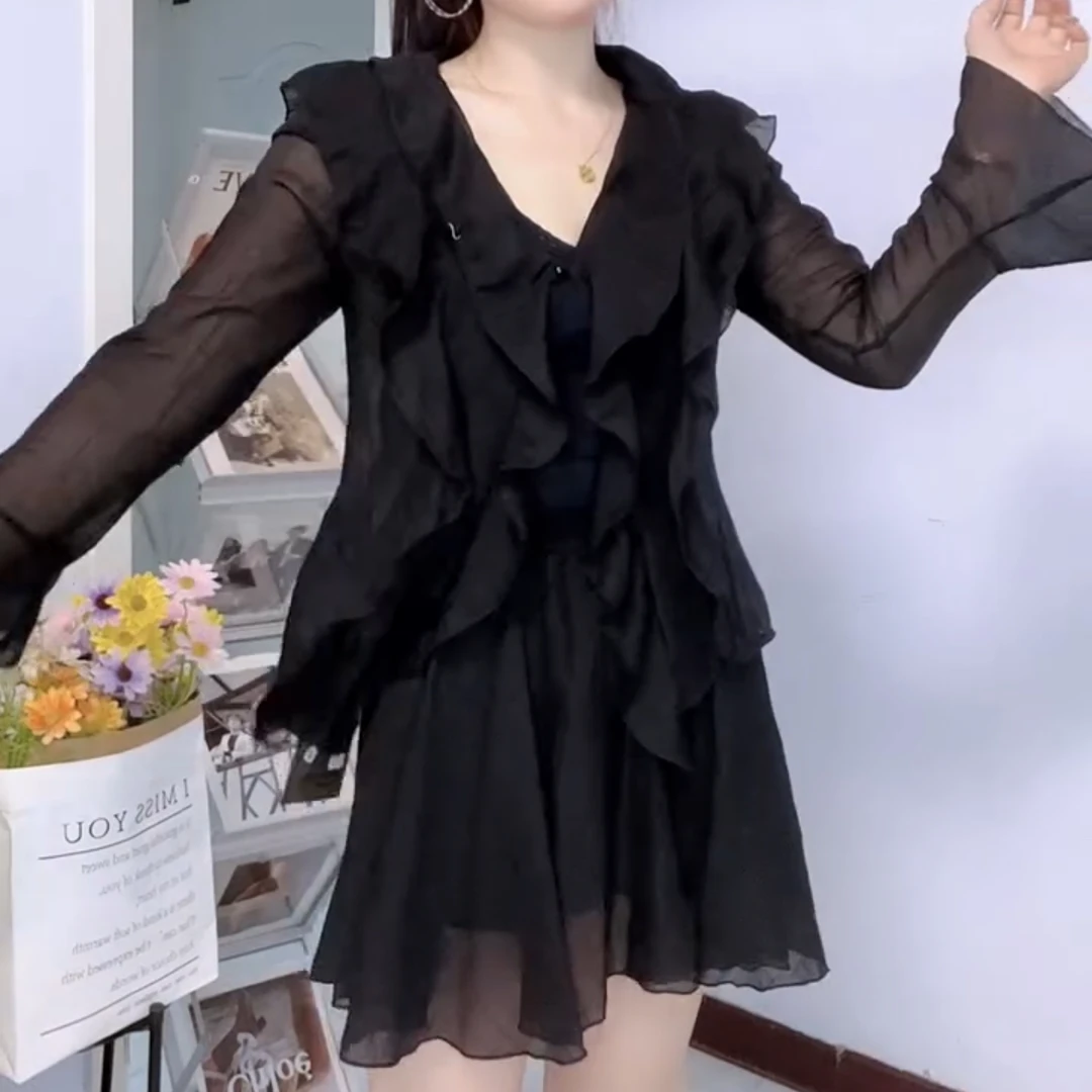 夏季少女风紫色荷叶边收腰短裙抹胸套装