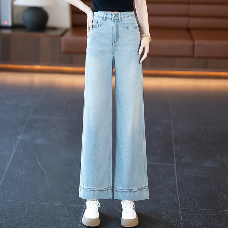 复古窄版阔腿牛仔裤女2025夏季新款高腰宽松小个子九分垂感直筒裤