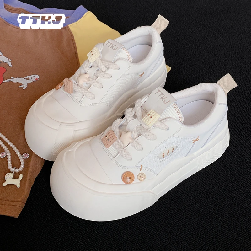 TTKJ穿裙子专用小白鞋女鞋增高鞋时尚百搭透气学生夏季小白鞋厚底