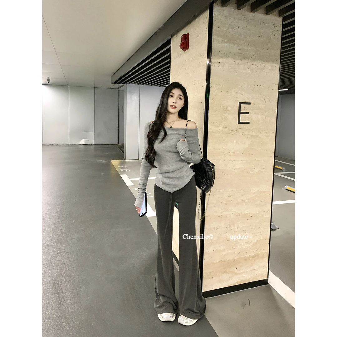 何晨曦 慵懒垂坠感抽绳松紧腰休闲裤女秋新款显瘦拖地卫裤 T1013K