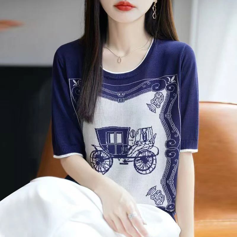 正品莱赛尔天丝圆领提花小马车短袖女洋气宽松针织T恤上衣女
